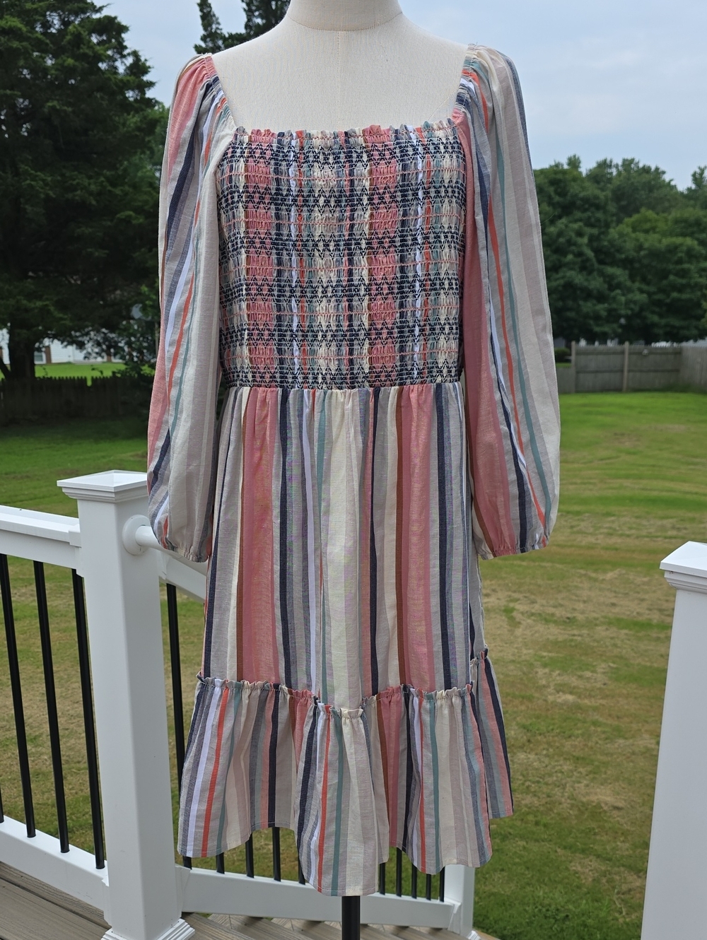 Kate & Sam Muted Stripe Smocked Peasant Boho Mini Dress Size L